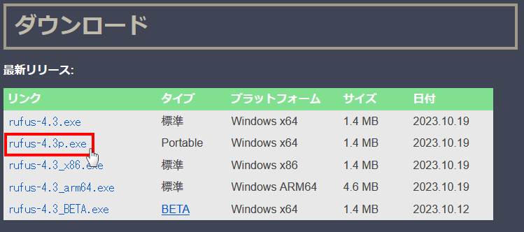 Rufus ver.319 のダウンロード