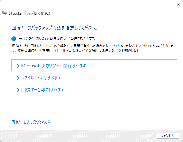 BitLocker の回復キーのバックアップの3つの選択