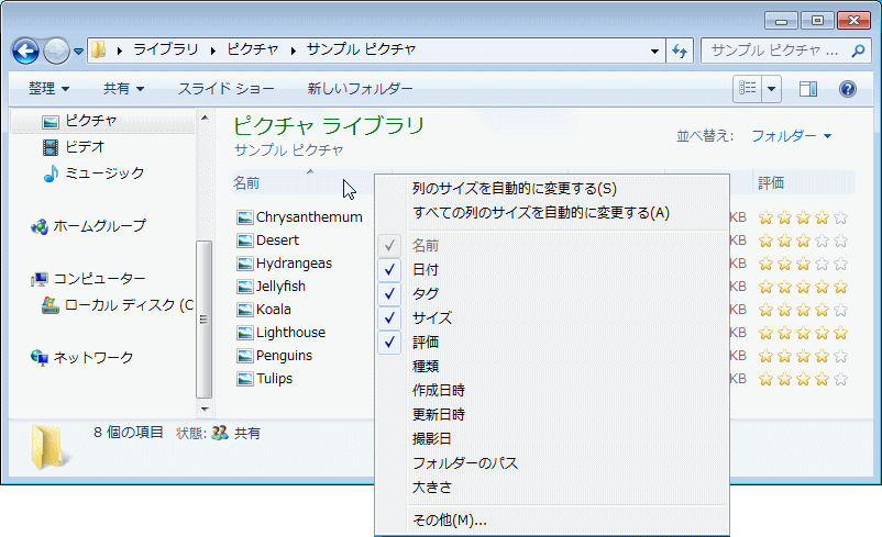 フォルダー 表示方法「詳細」メニュー