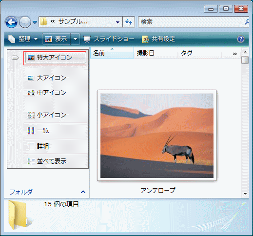 フォルダー 表示方法「詳細オプション」「特大」