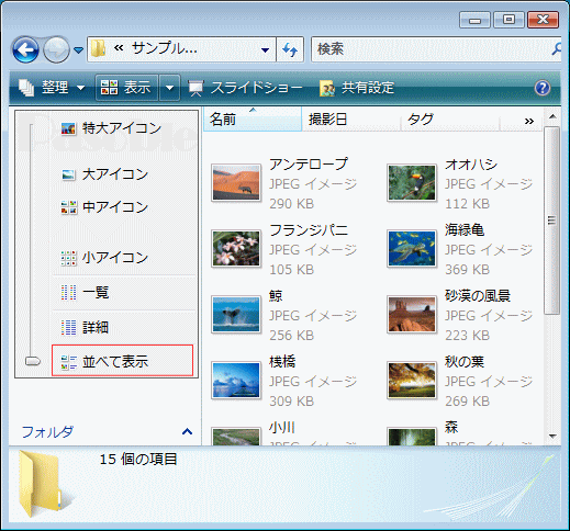 フォルダー 表示方法「詳細オプション」「並べて表示」