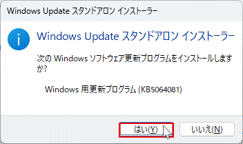 Windows スタンドアロン インストーラーで更新プログラムを開始する画面