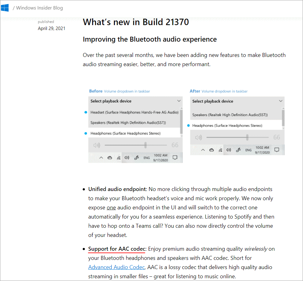 Windows Blog よりAACコーデックサポート部分を抜粋