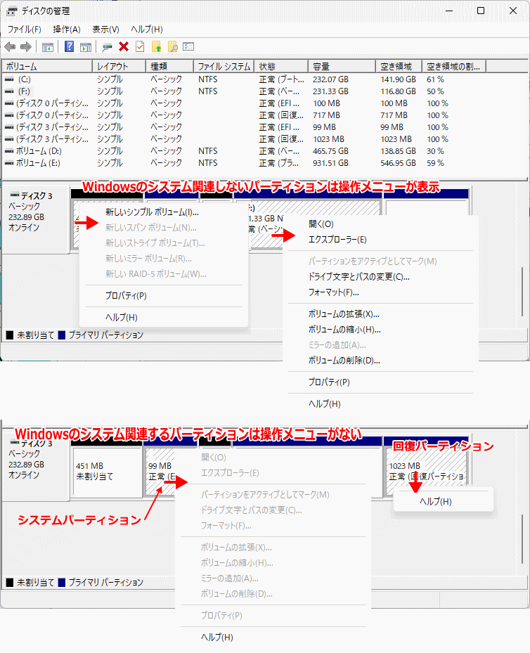 windows ディスクの管理のパーティション操作状況