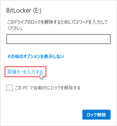 USBメモリのパスワードのオプションで回復キーを入力するを選択