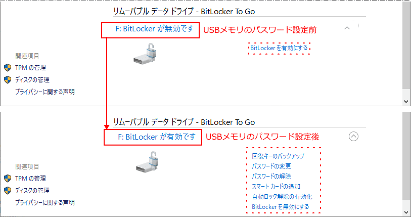 コントロールパネルでUSBメモリのパスワードの設定と暗号化の確認