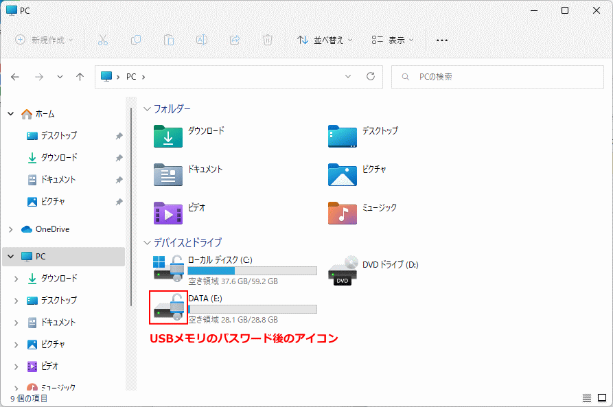 USBメモリのパスワードの設定後のアイコンの表示