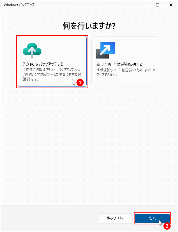 Windows10 Windows Bakupのタイプを選択する