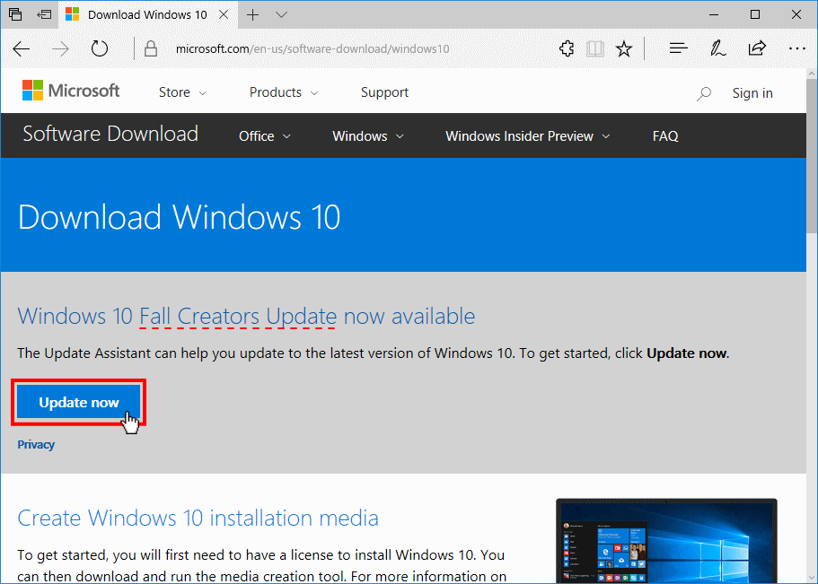 windows10 Fall Creators Update Website