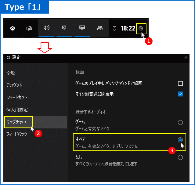 動画キャプチャ時に全ての音を録音する「タイプ1」