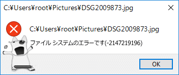 ファイルシステムのエラーですの警告画面