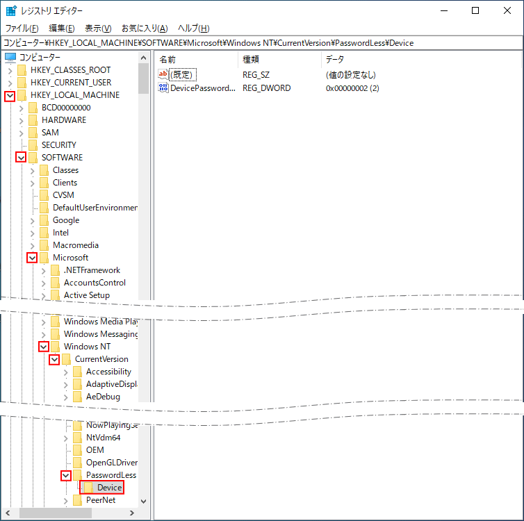 レジストリの PasswordLess キー