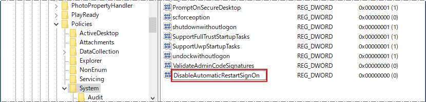 新規に作成した値の名前をDisableAutomaticRestartSignOnに変更