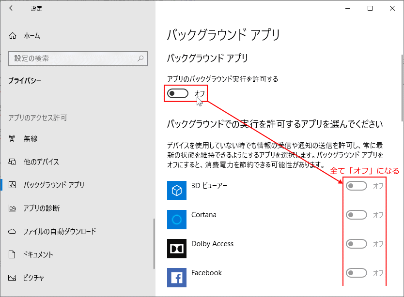 全てのバックグラウンドアプリを無効化する