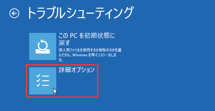 オプションのトラブルシューティング 詳細オプションを開く