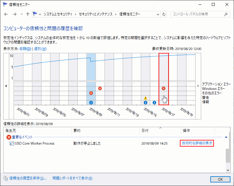 信頼性モニターで原因を調べる