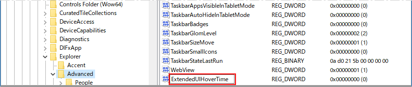 新規に作成した値の名前を ExtendedUIHoverTime に変更