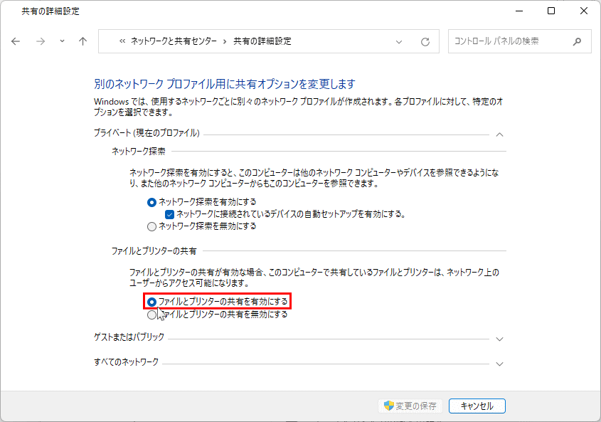 Windows11 Home プライベートネットワーク共有の有効