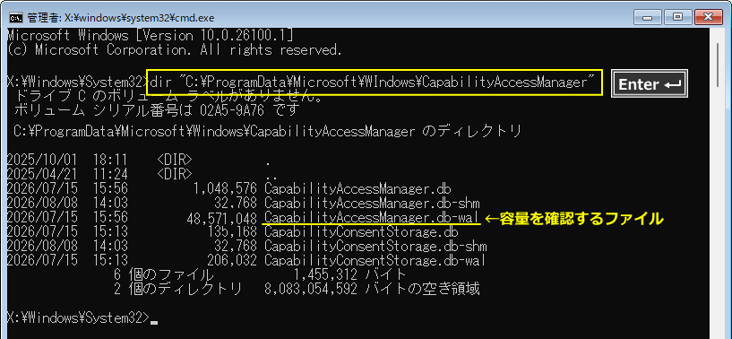 Windows11 CapabilityAccessManager.db-walのファイルサイズを確認する