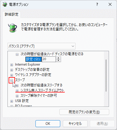 Windows11 電源オプションでシステム無人スリープタイムアウトを確認する