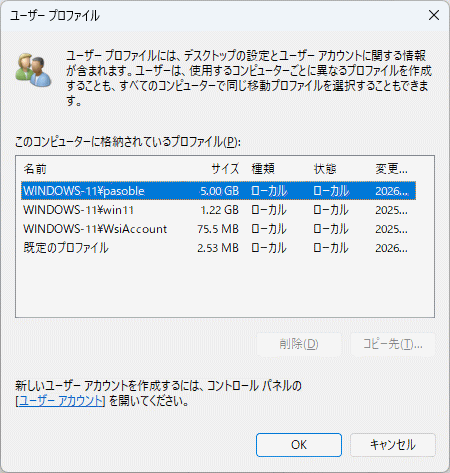 Windows11 システムプロパティのユーザプロファイルを確認