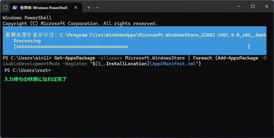 Windows11 ターミナルにMicrosoft Store再インストールの完了