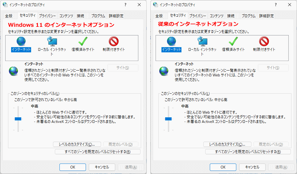 インターネットオプション「セキュリティ」