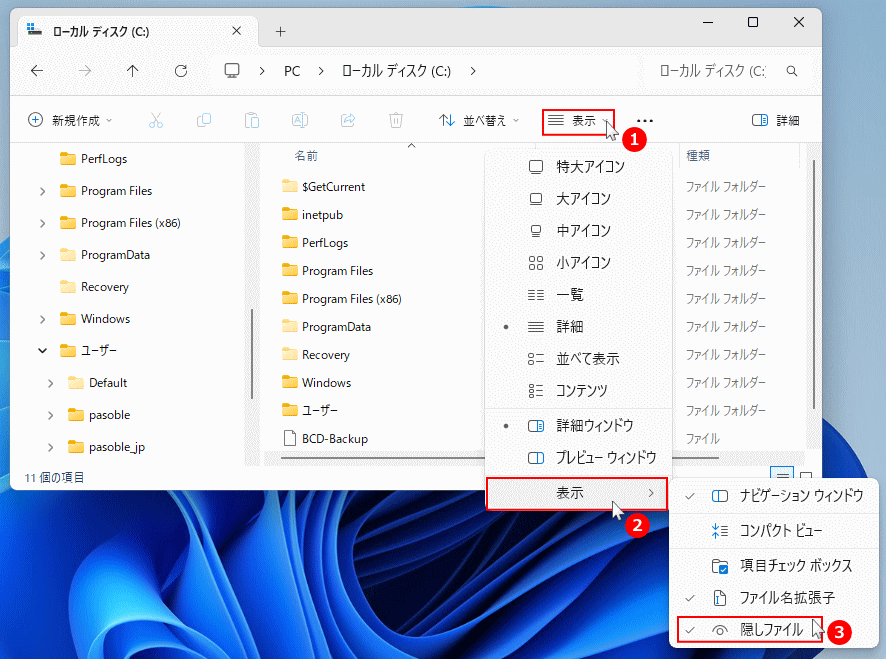 Windows11 隠しファイルの表示設定