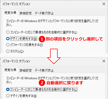 Windows11 パフォーマンスオプションのリセット