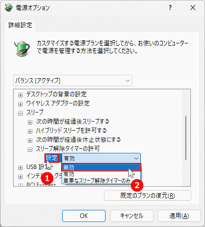 Windows11 スリープ解除タイマーの許可設定を無効にする