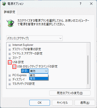 Windows11 USBセレクティブサスペンドの設定