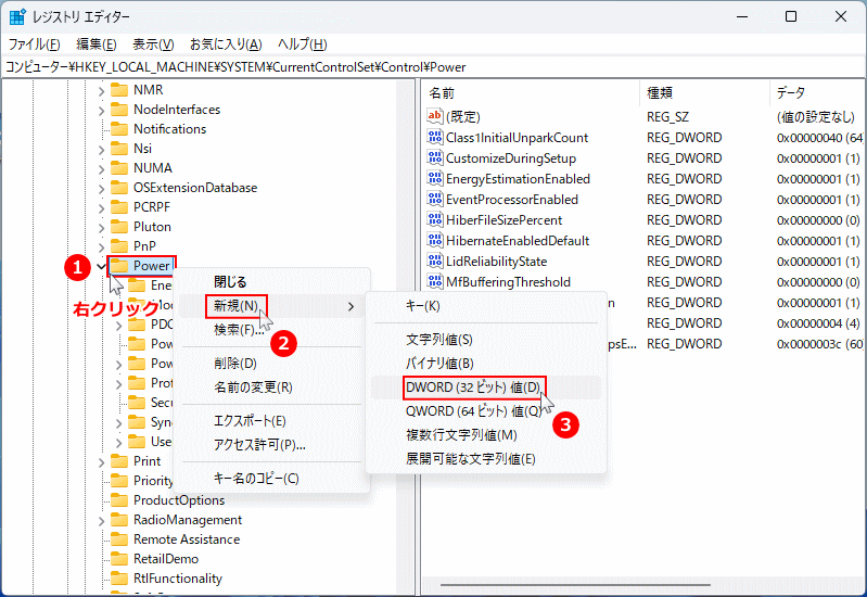 Windows11 PowerキーにPlatformAoAcOverrideの値を作成する