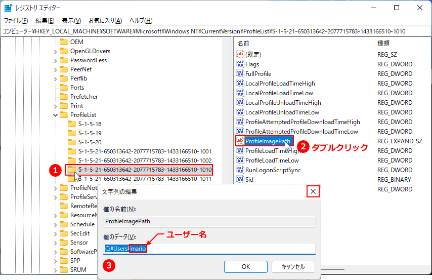 Windows レジストリのユーザ登録リストのユーザ名を確認