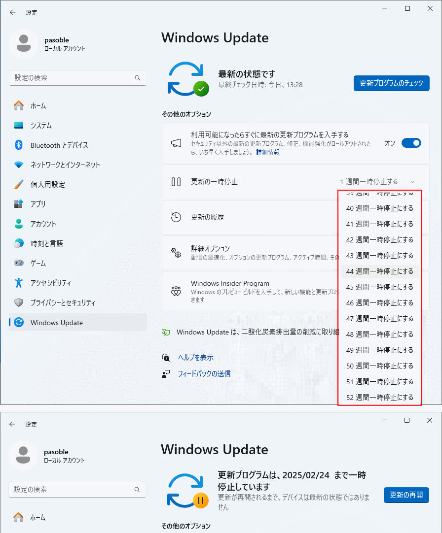 Windows11 レジストリの自動更新停止の期間を延長可能にした設定画面