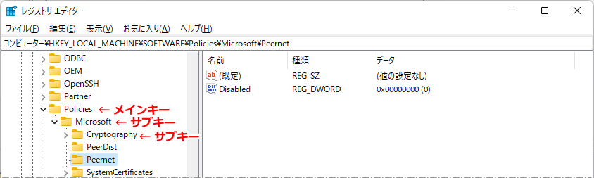 レジストリのメイン キーとサブ キー