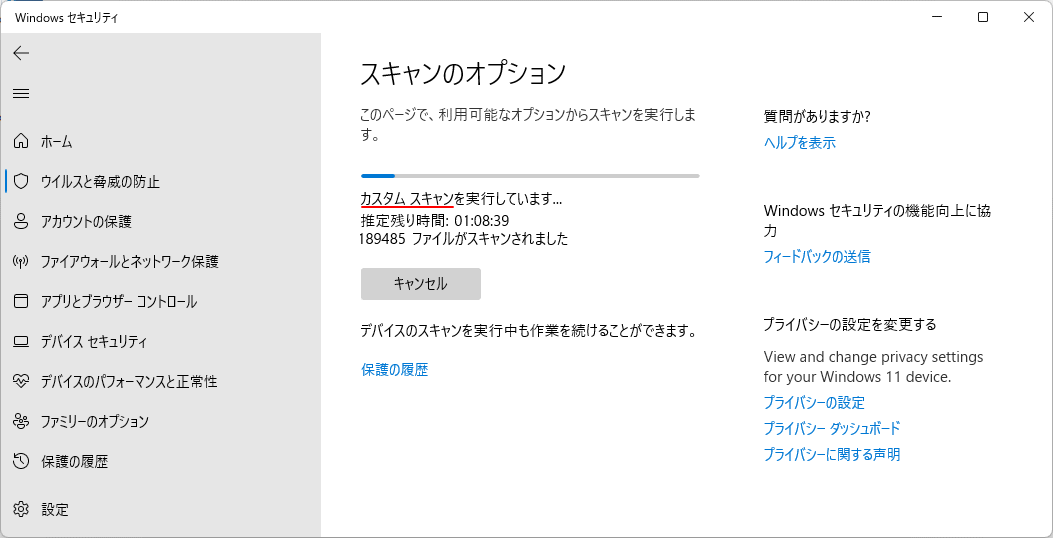 Windows11 ウイルス カスタム スキャンの実行状況画面