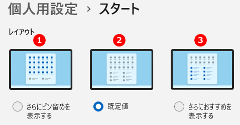 スタートメニューのカスタマイズの設定