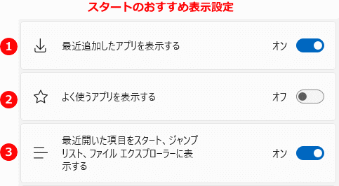 スタートメニューのおすすめ表示の設定変更