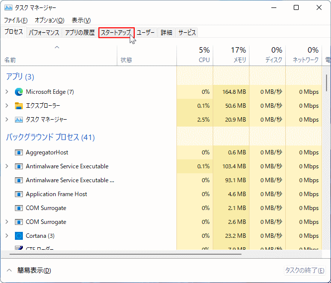 Windows11 のタスクマネージャーのスターアップ設定を表示