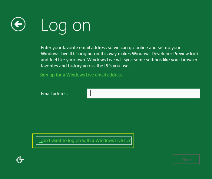 Windows8 インストール Log on Setings